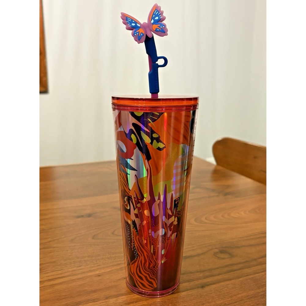 Starbucks Summer 2024 Butterfly Plastic Tumbler Cold Cup 24 oz with Straw Topper